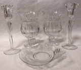 (2) Pair of Crystal Candlesticks plus (1) Etched BonBon