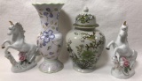 Ginger Jar, Vase and Pair of Unicorn Figurines