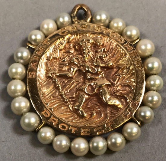 14k Gold and Pearl St. Christopher Medallion