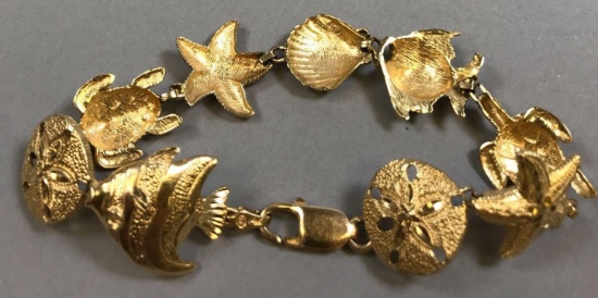 14K Gold Sea Shell and Fish Bracelet