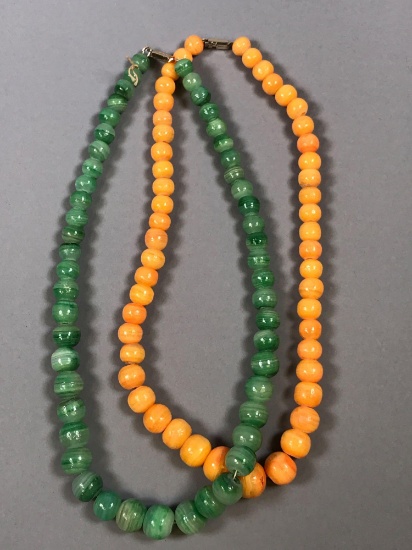 Pair of Graduated Jade Bead Necklaces - Green & Light Orange