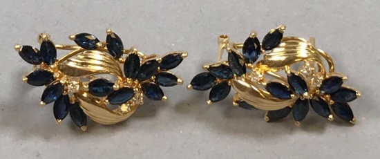 14k Gold Sapphire and Diamond Pierced Earrings