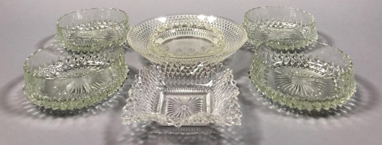 Vintage Westmoreland English Hobnail Square Crimped Bowl, (4) Diamond Point Berry Bowls, plus