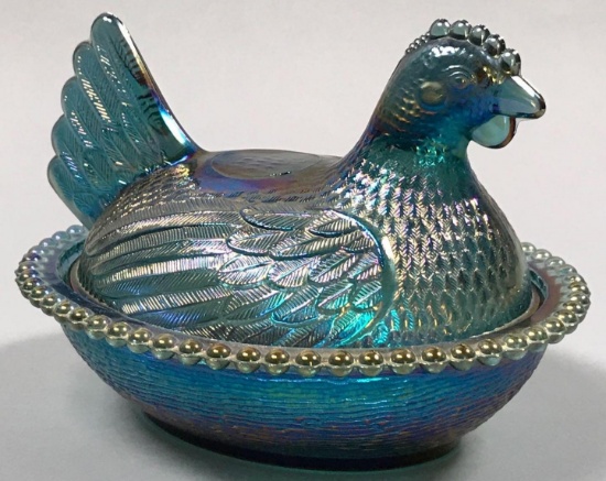 Blue Indiana Carnival Glass Hen on Nest