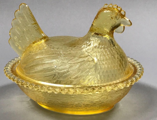 Rare Yellow Indiana Carnival Glass Hen on Nest