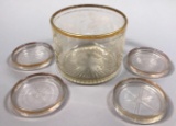 Vintage Bartlett Collins Etched and Gold Trim Ice Bucket & (4) Coasters