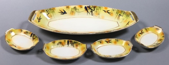 Handpainted Celery Tray with (4) Matching Salt Cellars