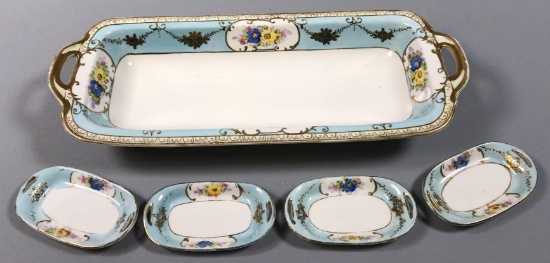 Noritake Hand-painted Celery Tray with (4) Salt Cellars