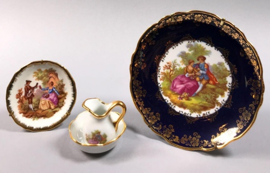 (2) Limoges Figural Plates and (1) Limoges Gold Trimmed Miniature Pitcher & Bowl