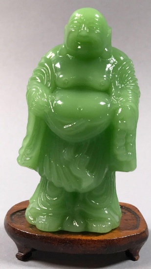 Jade Glass Standing Buddha on Wood Base