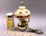 Plastic Budweiser Lamp, Coors Tip Jug and (4) Coors Coaster