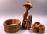 Carve Wood Figurine, Wood Basket and (3) Small Wood Baskets