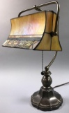 Bronze Desk Lamp with Slag Glass Shade