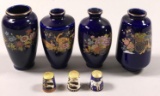(4) Miniature Cobalt Vases and (3) Cloisonne Thimbles