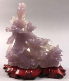 Vintage Lavender Jade/Nephrite Carved Geisha Warrior Figurine on Wood Base