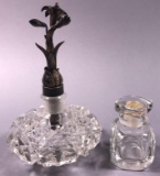 (2) Crystal Perfume Bottles and (1) Sterling Floral Stopper