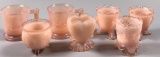 (7) Pink Opalescent Toothpick Holders and (1) Salt Cauldron