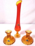(1) Fenton Amberina Vase and (1) Pair Amber Fenton Candle Holders