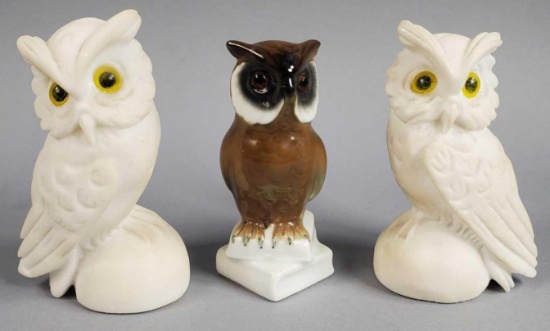 Pair of Alabaster Owls & (1) Porcelain Owl.