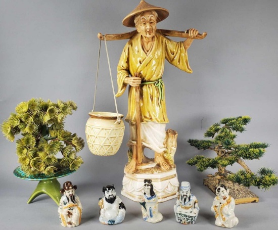 Large Relpo Ceramic Figure, (2) Plastic Bonsai Trees & (6) Figurines (LPO)