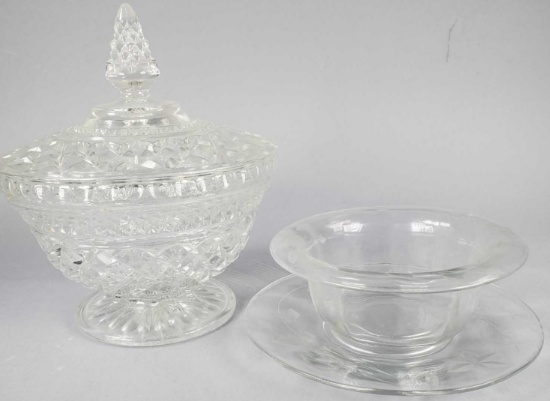 (1) Covered Footed Candy Dish and (1) Etched Crystal Lipped Bowl with Underplate