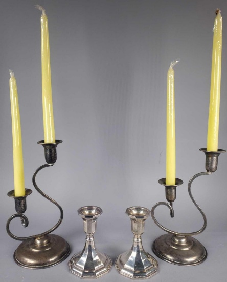 (1) Pair of Silverplate Candlesticks by Sheffield and (1) Pair of Unmarked Double Arm Candlesticks