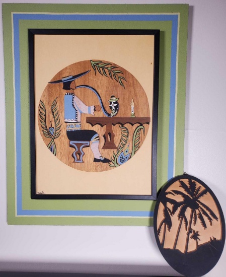 Bavarian Wood Art, Palm Tree Plaque and (2) Print/Mirror Groupings