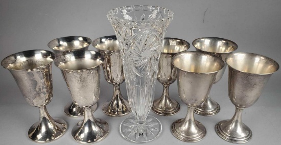 Crystal Vase, (4) Sterling Silver Goblets and (4) Silverplate Goblets