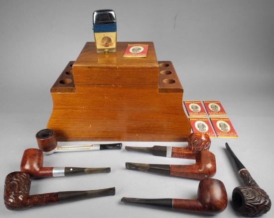 (7) Pipes and Tobacco Box with 6 Holders
