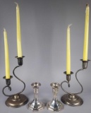 (1) Pair of Silverplate Candlesticks by Sheffield and (1) Pair of Unmarked Double Arm Candlesticks