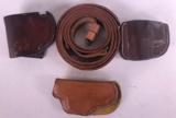 (3) Leather Left Handed Holsters and (1) Leather Gun Belt