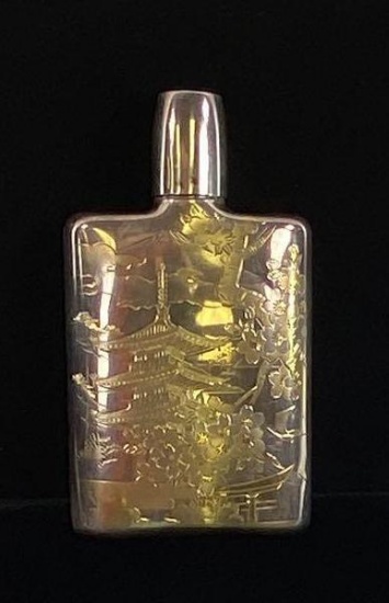 Rare Asian Etched .950 Silver Flask