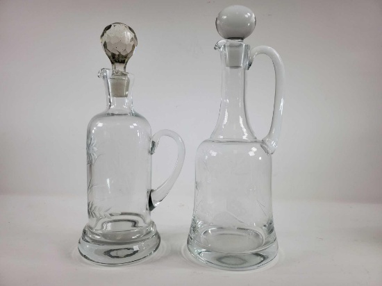 (2) Etched Glass Pitchers with Stoppers