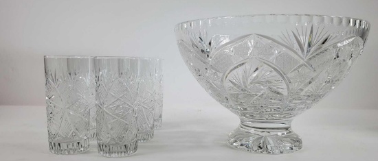 (6) Polish Cut Crystal Water Glasses and Crystal Bowl