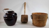 Wood Bucket, Wood Mallet, and Brown Picture with Spout