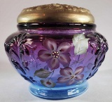 Fenton Blue & Amethyst Hand Painted Potpourri Ginger Jar w/ Brass Lid