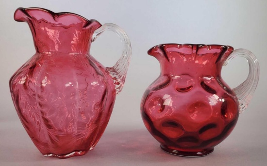 (2) Small Ruby Blown Glass Pitchers with Clear Handles
