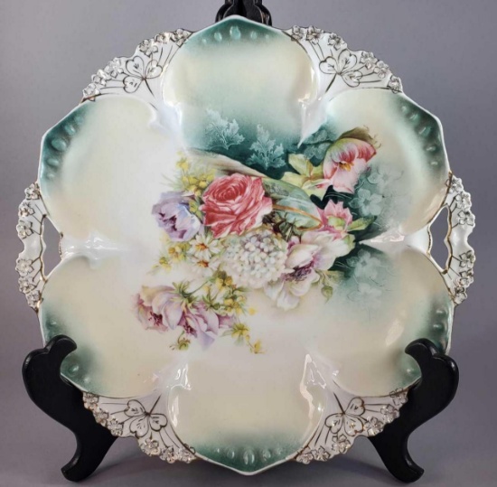 R S Prussia Handled Lotus Shaped Platter with Gold Trim