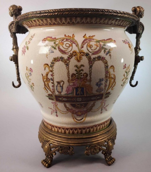 Wong Lee Heavy Porcelain Urn with Bronze Rim, Handles and Stand