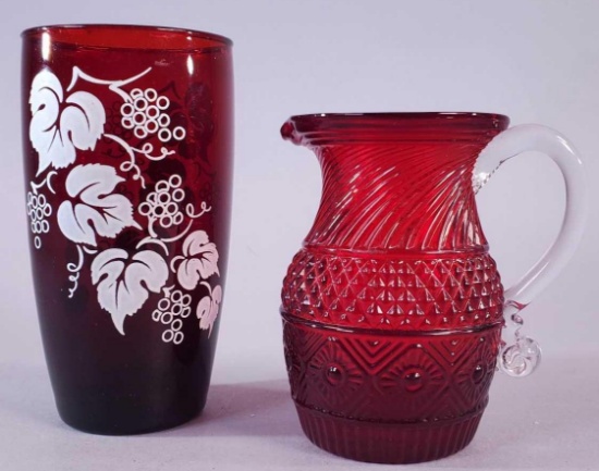 (1) Anchor Hocking Royal Ruby Grape Tumbler and (1) Ruby Glass Vase