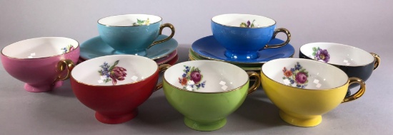 Set of (7) Multicolor Demitasse Cups and Saucers