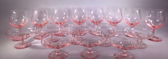 (8) Pink Crystal Goblets with (8) Pink Crystal Footed Berry Bowls (LPO)