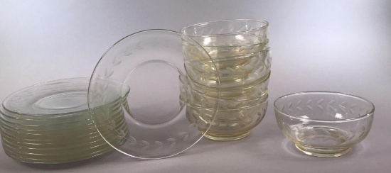 (8) Etched Glass Plates and (7) Matching Etched Glass Bowls (LPO)
