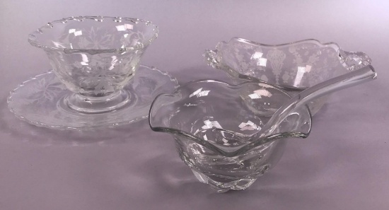 Etched Glass Handled Bowl, Etched Glass Bowl w/Underplate and Footed Ruffled Bowl with Spoon