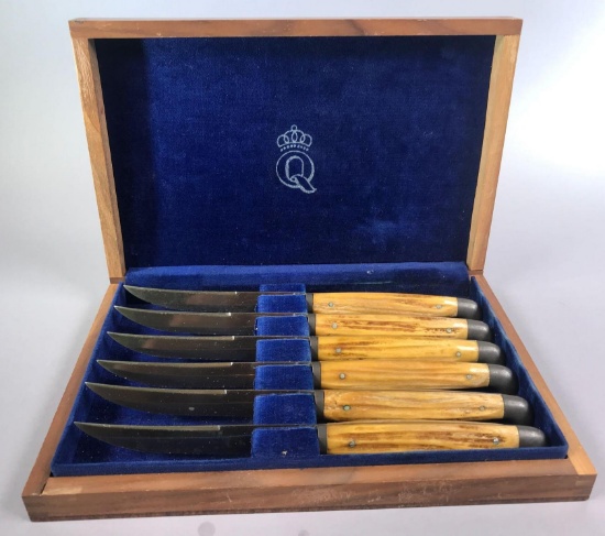 Vintage Boxed Stag Handle Steak Knives by Queen Cutlery
