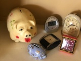 Dome Clock, Travel Clocks and (2) Piggy Banks