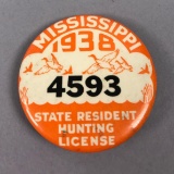 1938 Mississippi State Resident Hunting License Badge #4593 w/Original Receipt