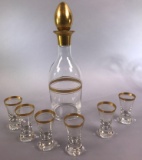 Clear Decanter with Gold Trim and (6) Gold Trimmed Cordials