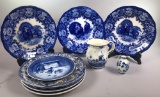 (3) Flow Blue Turkey Plates, (2) Delft Pitchers and More