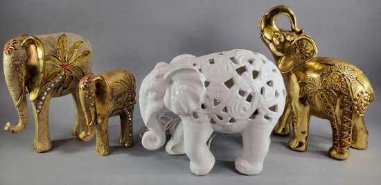 White Elephant Lamp and (3) Decorative Elephants